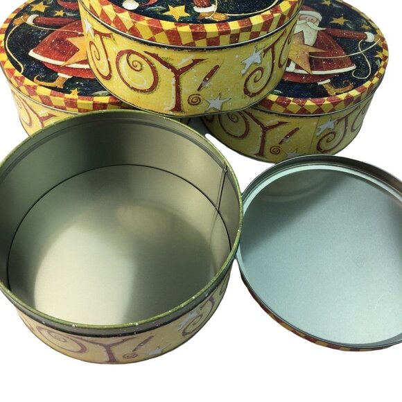 Lot 2 Christmas Cookie Tin 7.75" Yellow Joy Vintage Motif Round Large u - Picture 5 of 6